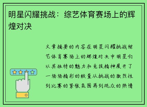明星闪耀挑战：综艺体育赛场上的辉煌对决